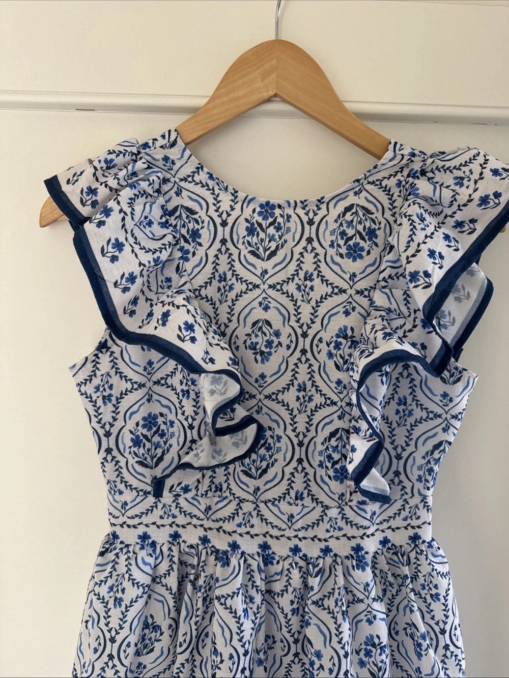 Angie White Midi Dress with Blue Floral Pattern and Ruffle Trim - Picture 3 of 5
